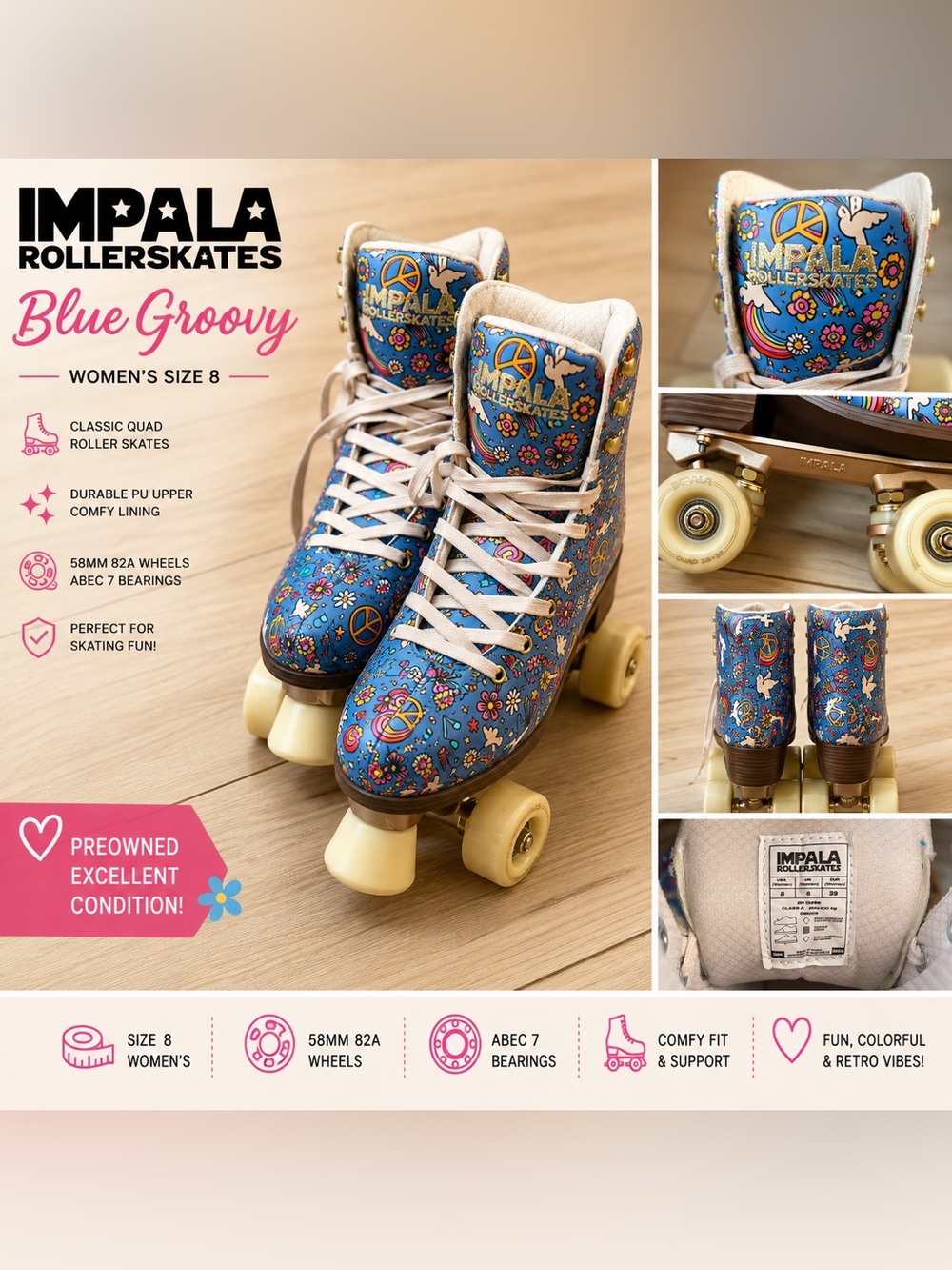 Impala Blue Groovy Roller Skates Women’s Size 8 Retro Rainbow Peace Quad Skates